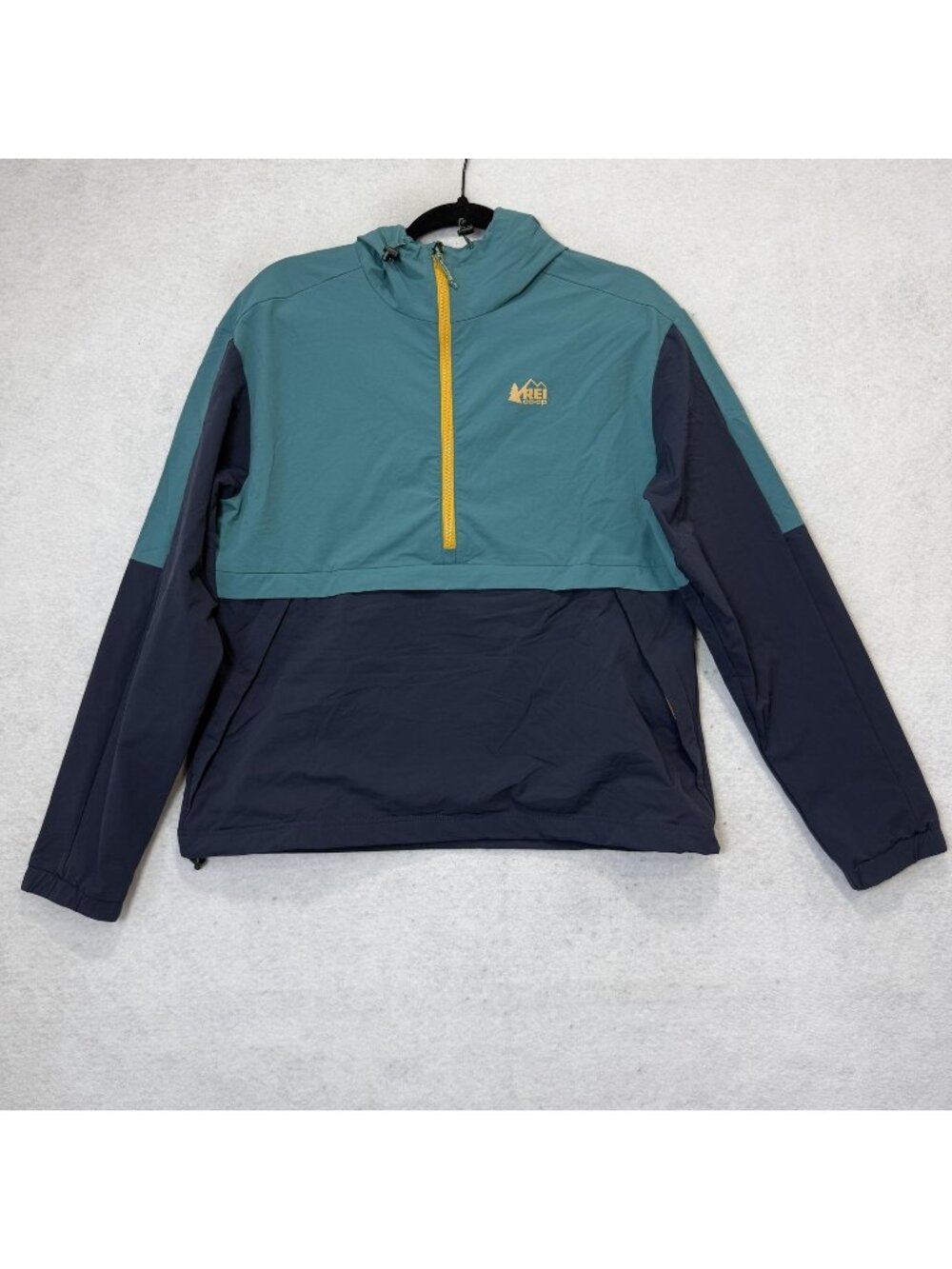 REI Co-op Jacket Mens Medium Blue Green Hooded 1/2 Zip Softshell Windbreaker